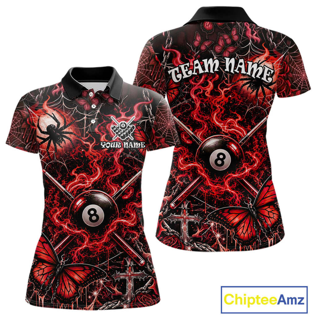 Personalized 8 Ball Red Smoke Billiard Team Name Shirt Gothic Spider Butterfly Pool Ball Billiard