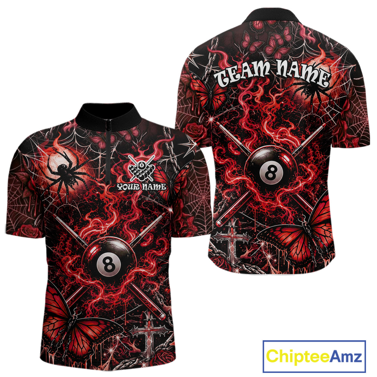 Personalized 8 Ball Red Smoke Billiard Team Name Shirt Gothic Spider Butterfly Pool Ball Billiard