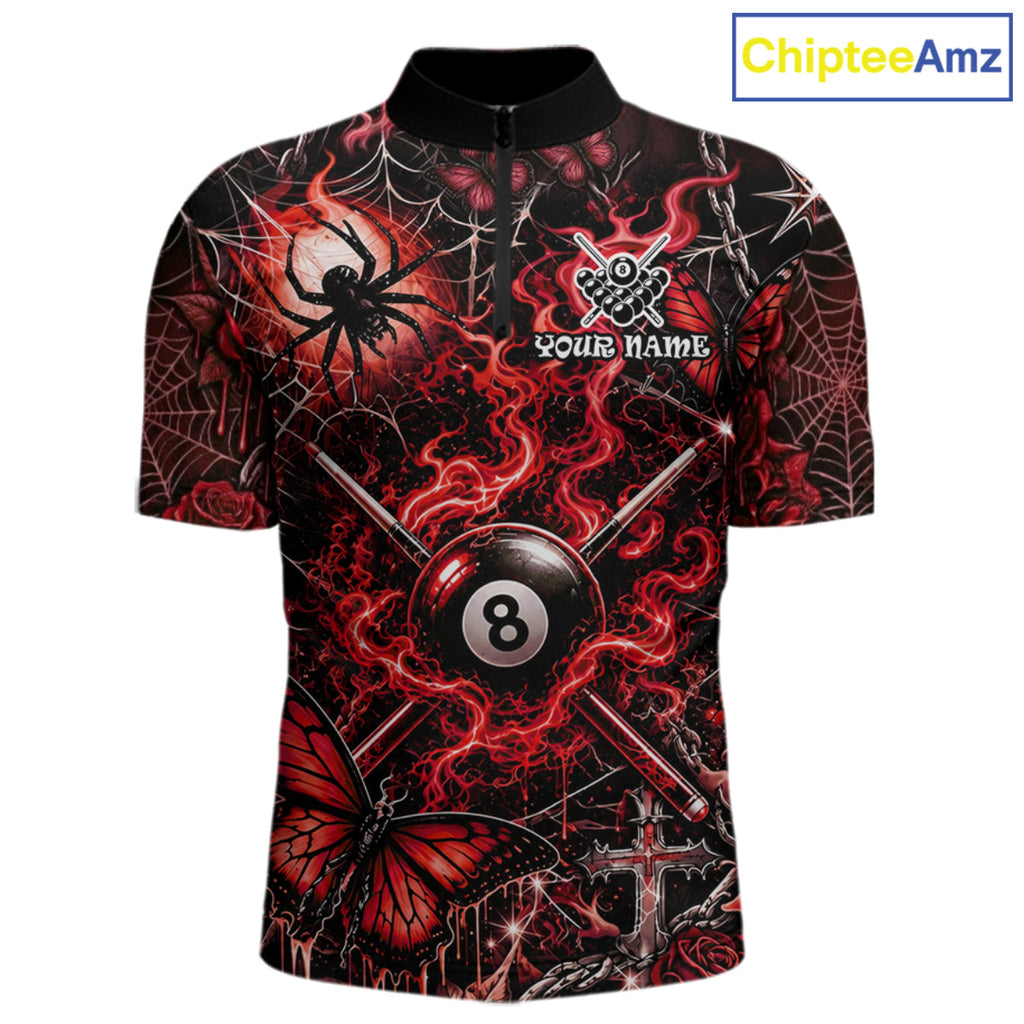 Personalized 8 Ball Red Smoke Billiard Team Name Shirt Gothic Spider Butterfly Pool Ball Billiard