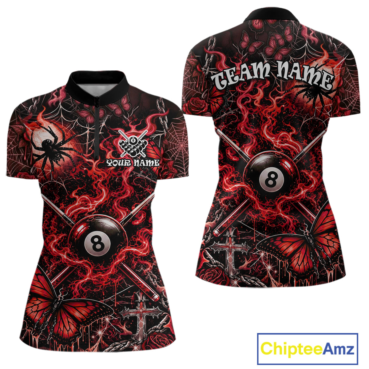 Personalized 8 Ball Red Smoke Billiard Team Name Shirt Gothic Spider Butterfly Pool Ball Billiard