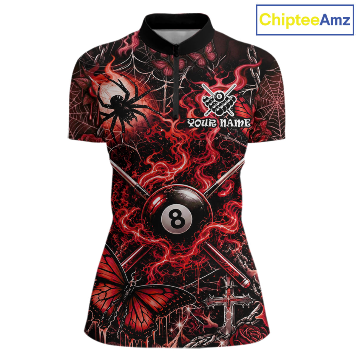 Personalized 8 Ball Red Smoke Billiard Team Name Shirt Gothic Spider Butterfly Pool Ball Billiard