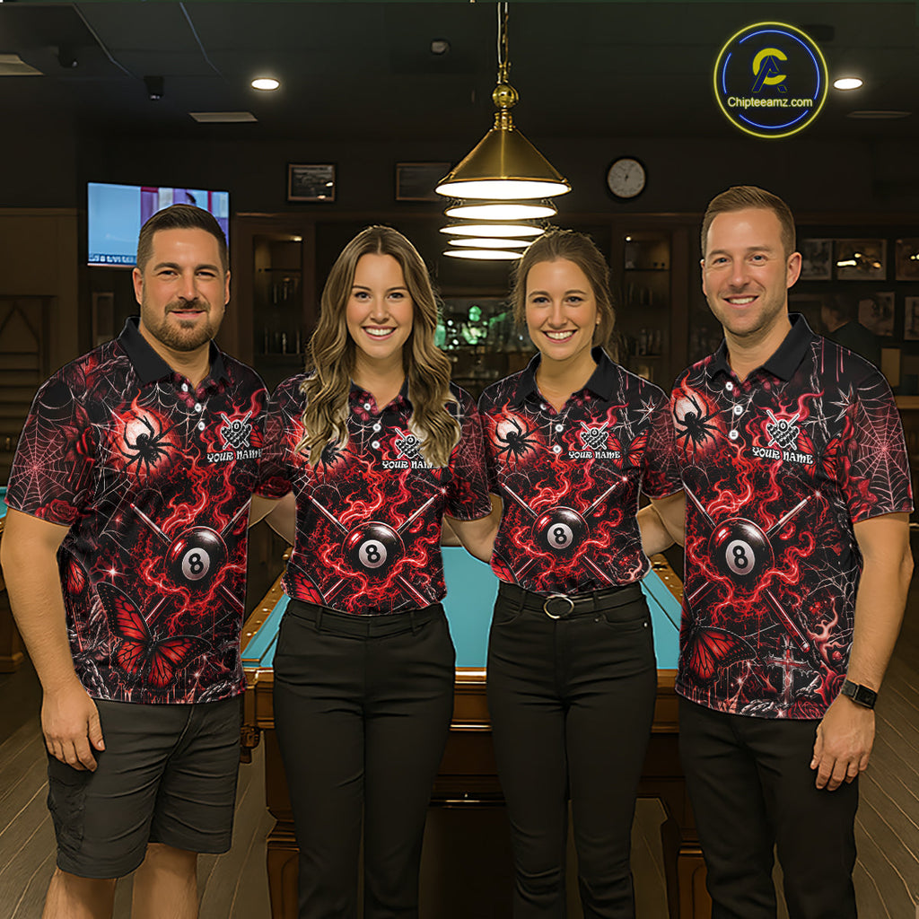 Personalized 8 Ball Red Smoke Billiard Team Name Shirt Gothic Spider Butterfly Pool Ball Billiard
