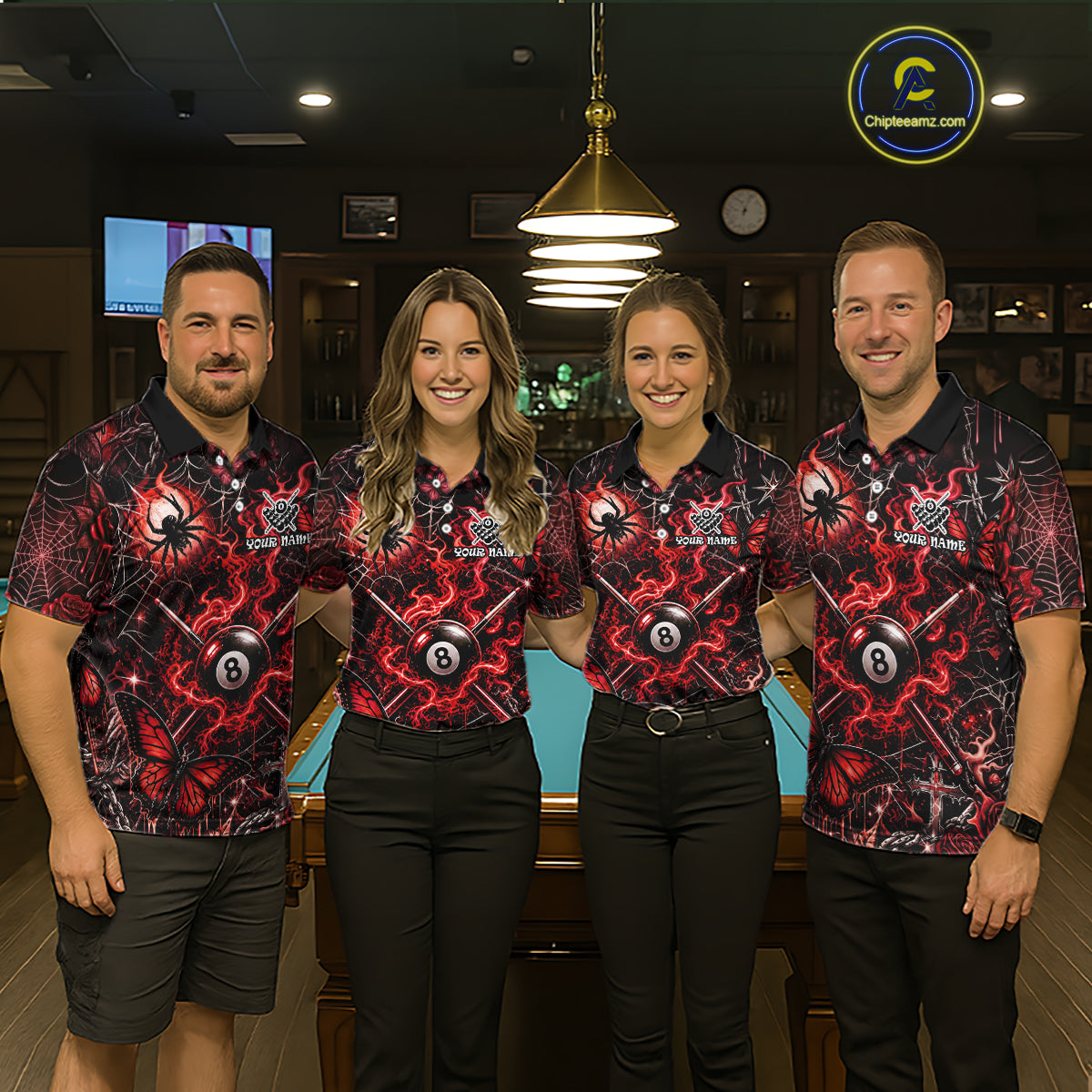 Personalized 8 Ball Red Smoke Billiard Team Name Shirt Gothic Spider Butterfly Pool Ball Billiard