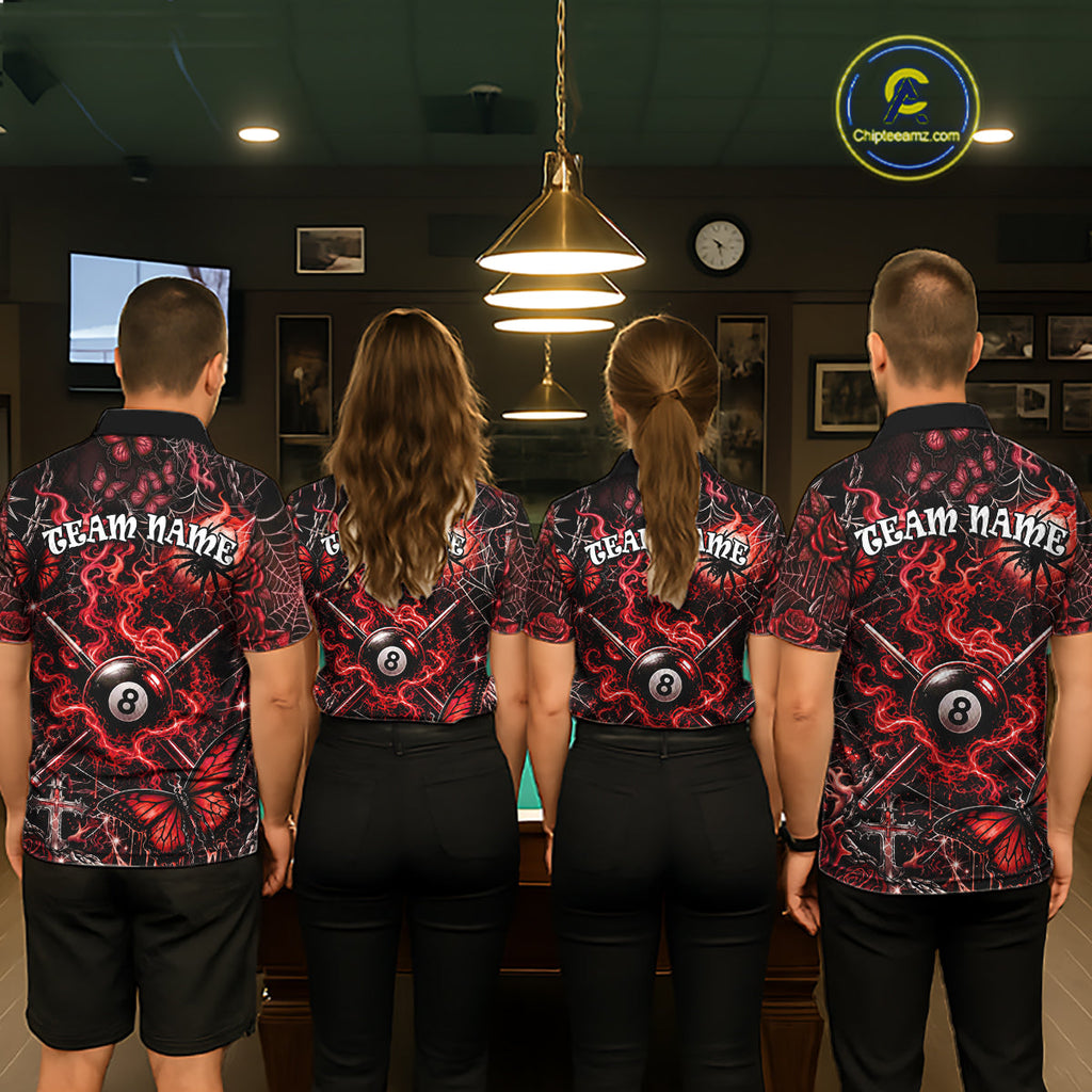 Personalized 8 Ball Red Smoke Billiard Team Name Shirt Gothic Spider Butterfly Pool Ball Billiard