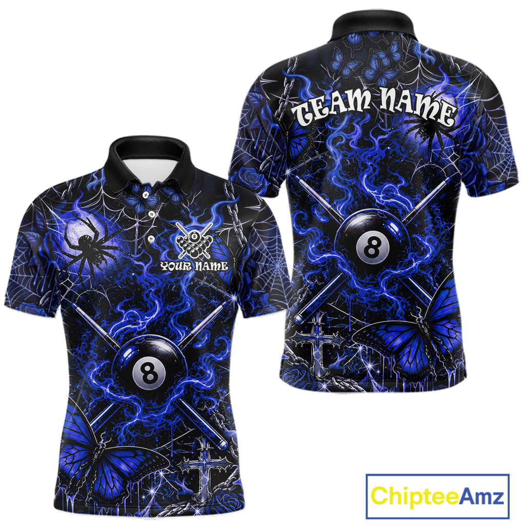 Personalized 8 Ball Blue Smoke Billiard Team Name Shirt Gothic Spider Butterfly Pool Ball Billiard