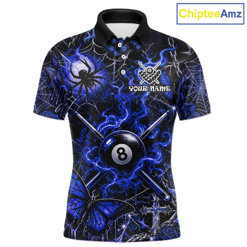 Personalized 8 Ball Blue Smoke Billiard Team Name Shirt Gothic Spider Butterfly Pool Ball Billiard