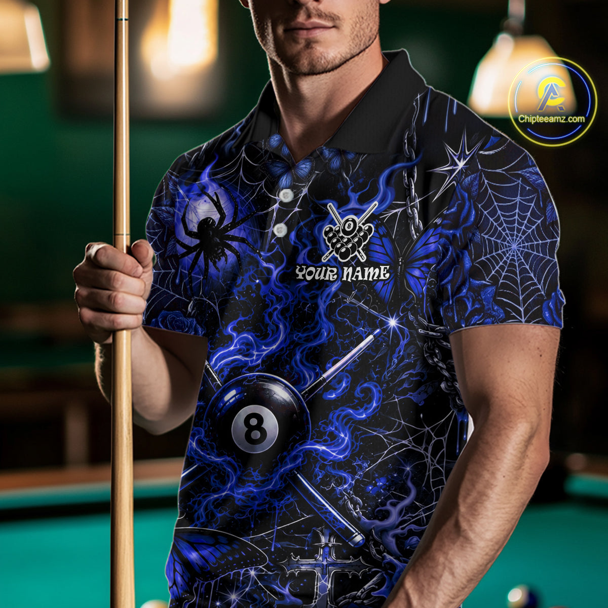 Personalized 8 Ball Blue Smoke Billiard Team Name Shirt Gothic Spider Butterfly Pool Ball Billiard