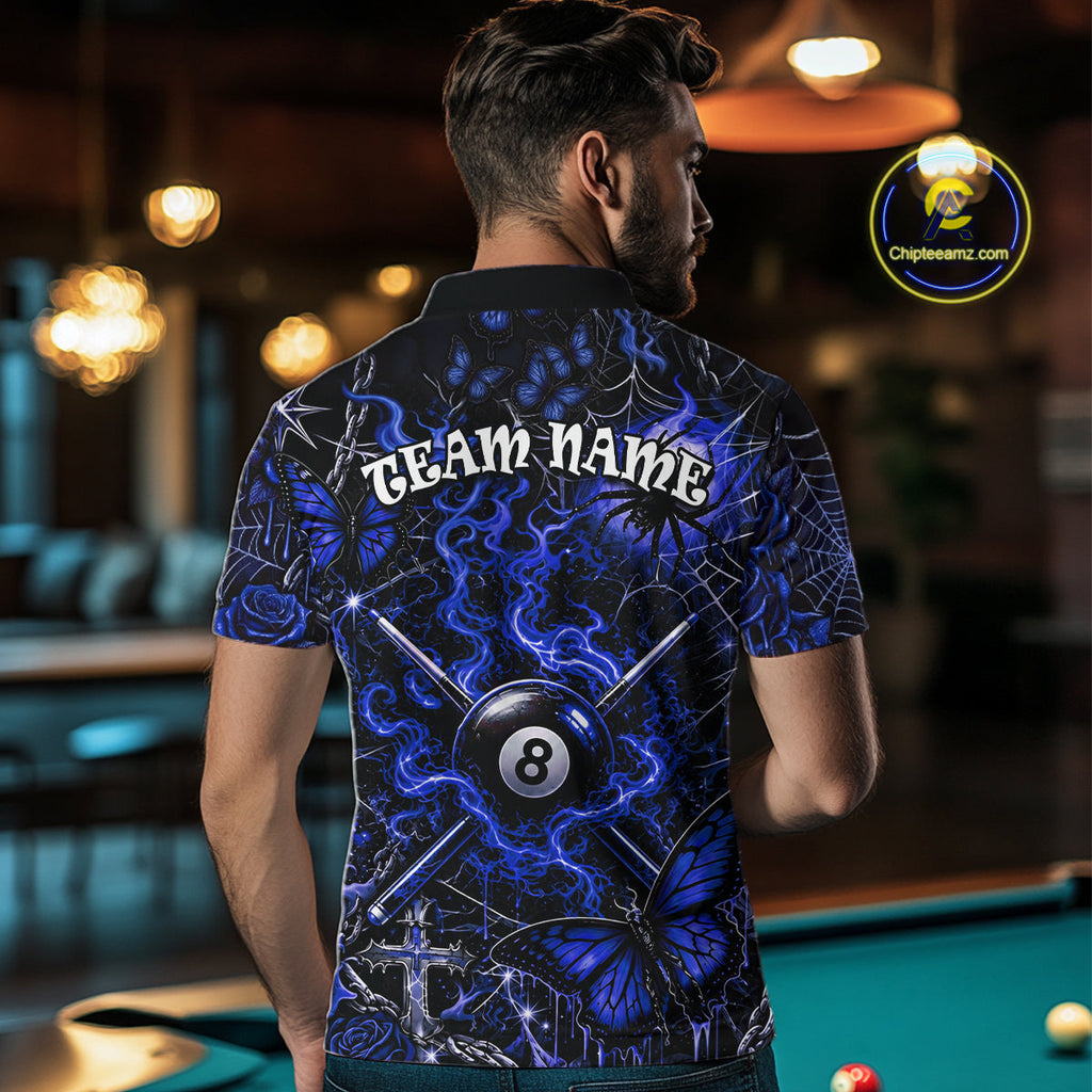 Personalized 8 Ball Blue Smoke Billiard Team Name Shirt Gothic Spider Butterfly Pool Ball Billiard