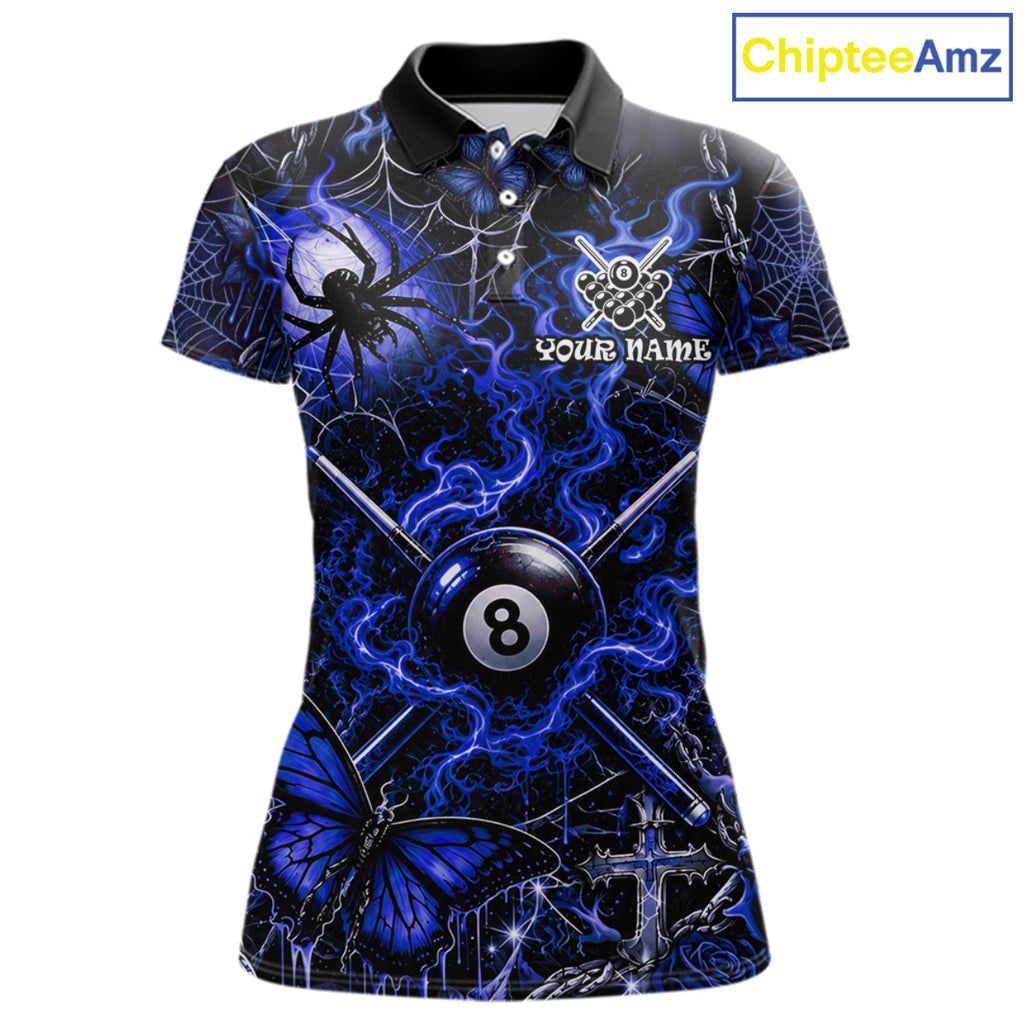 Personalized 8 Ball Blue Smoke Billiard Team Name Shirt Gothic Spider Butterfly Pool Ball Billiard