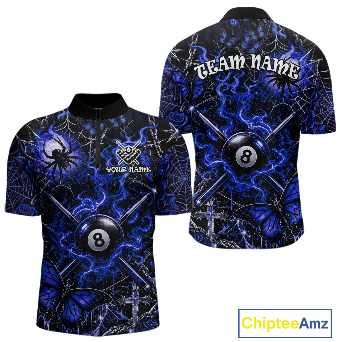 Personalized 8 Ball Blue Smoke Billiard Team Name Shirt Gothic Spider Butterfly Pool Ball Billiard
