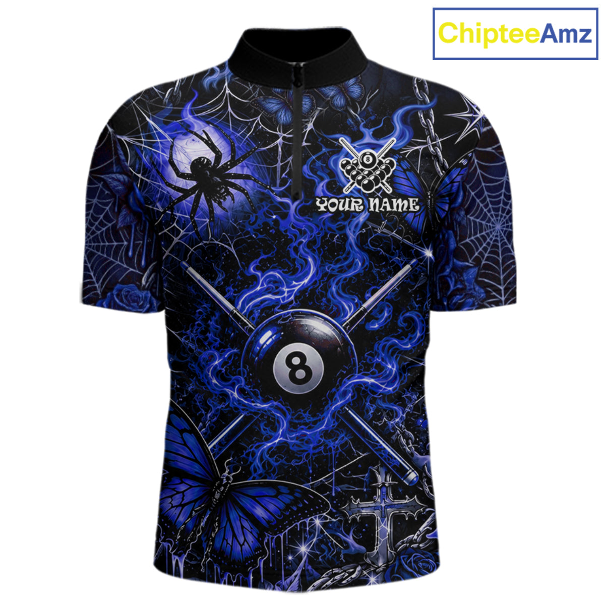 Personalized 8 Ball Blue Smoke Billiard Team Name Shirt Gothic Spider Butterfly Pool Ball Billiard