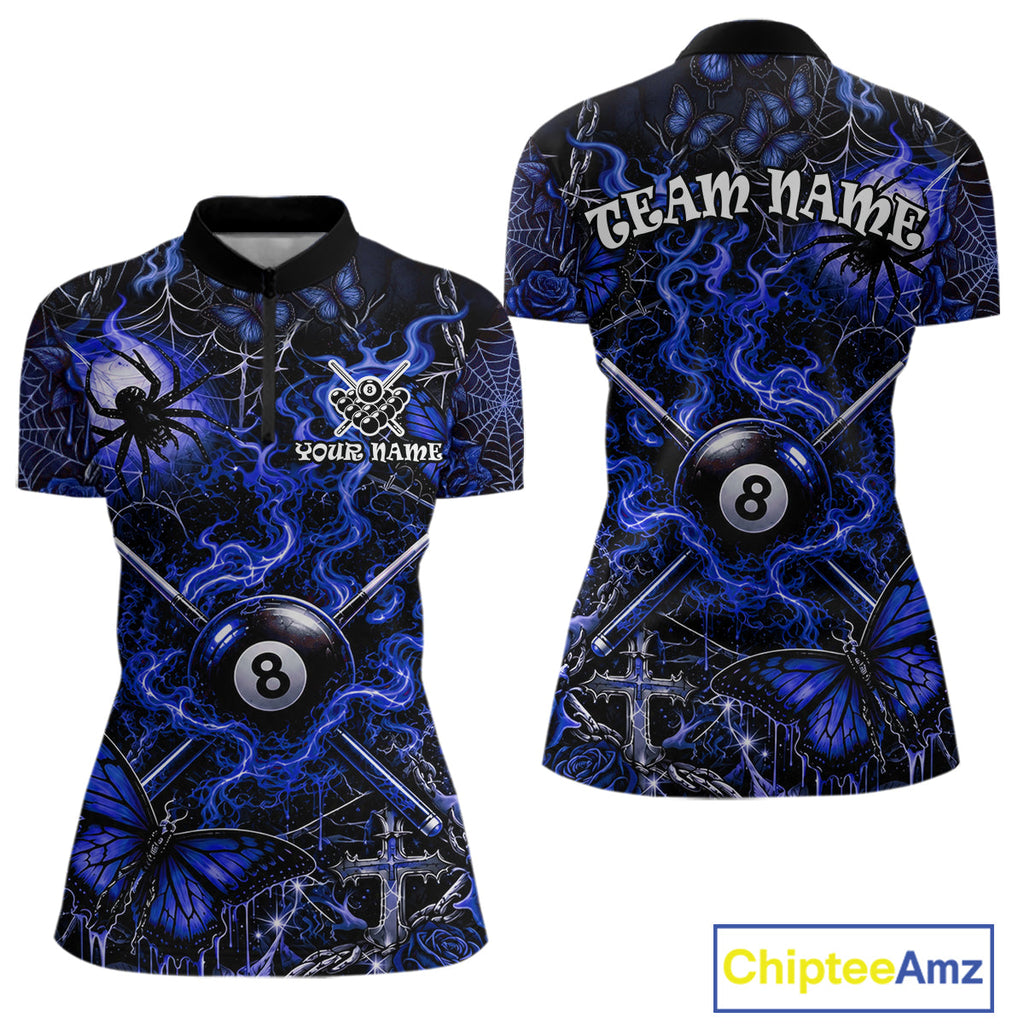 Personalized 8 Ball Blue Smoke Billiard Team Name Shirt Gothic Spider Butterfly Pool Ball Billiard