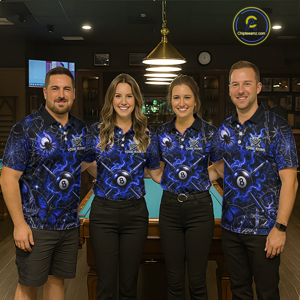 Personalized 8 Ball Blue Smoke Billiard Team Name Shirt Gothic Spider Butterfly Pool Ball Billiard