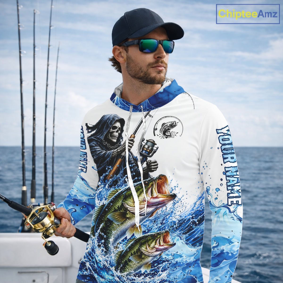 Custom Bass Fishing Jersey Long Sleeve Grim Reaper Largemouth Bass Duo Fishing Shirt Apparel