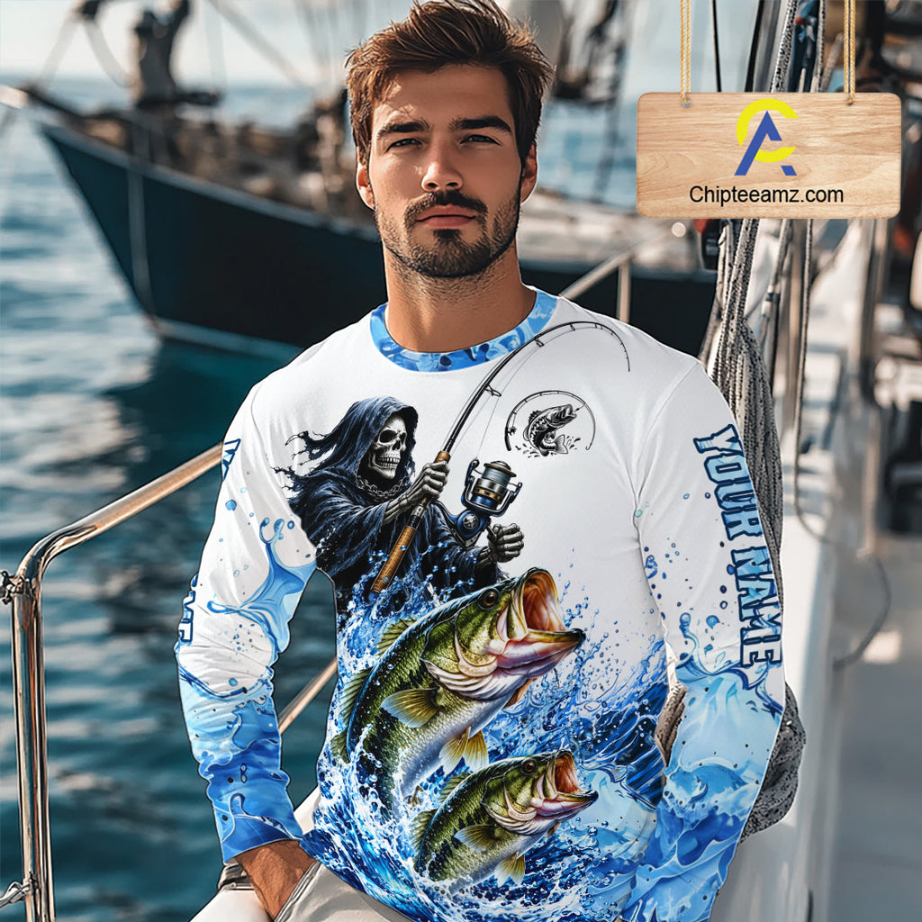 Custom Bass Fishing Jersey Long Sleeve Grim Reaper Largemouth Bass Duo Fishing Shirt Apparel