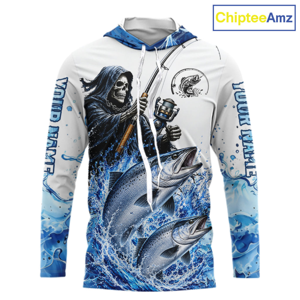 Custom Salmon Fishing Jersey Long Sleeve Grim Reaper Chinook Salmon Duo Fishing Shirt Apparel