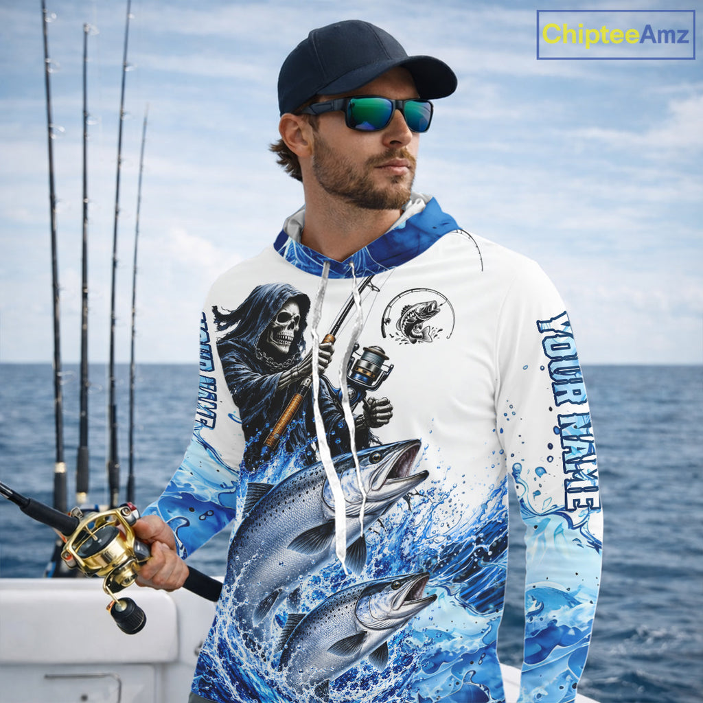 Custom Salmon Fishing Jersey Long Sleeve Grim Reaper Chinook Salmon Duo Fishing Shirt Apparel