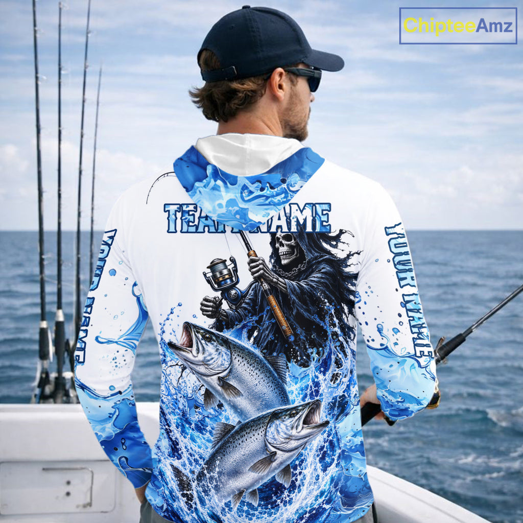 Custom Salmon Fishing Jersey Long Sleeve Grim Reaper Chinook Salmon Duo Fishing Shirt Apparel