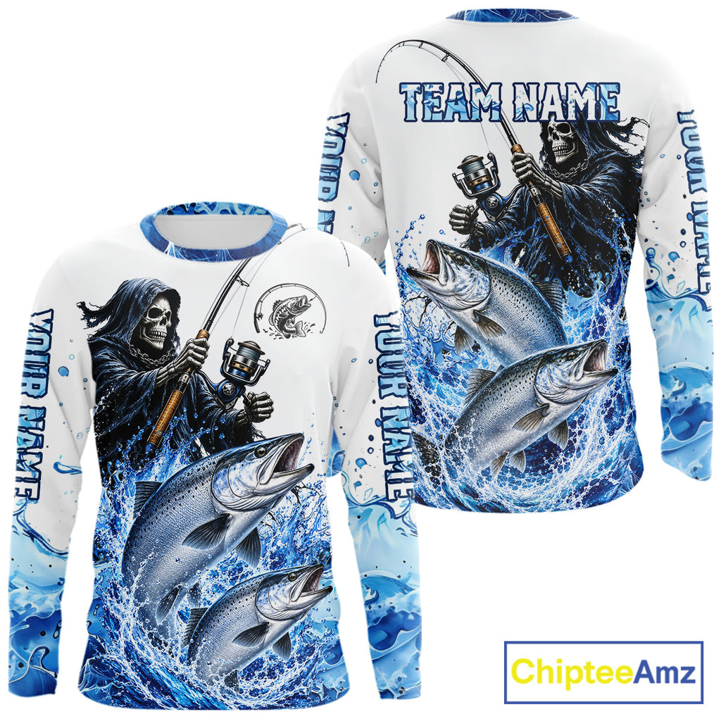 Custom Salmon Fishing Jersey Long Sleeve Grim Reaper Chinook Salmon Duo Fishing Shirt Apparel