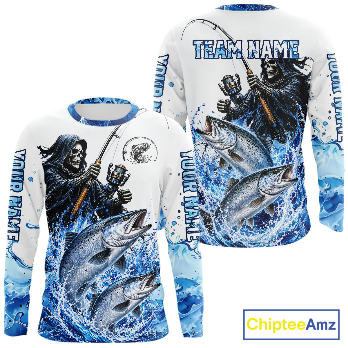 Custom Salmon Fishing Jersey Long Sleeve Grim Reaper Chinook Salmon Duo Fishing Shirt Apparel