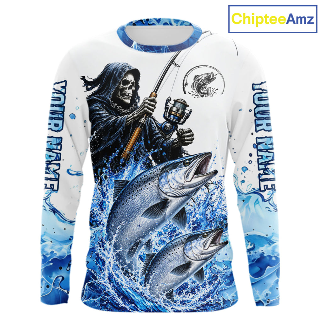 Custom Salmon Fishing Jersey Long Sleeve Grim Reaper Chinook Salmon Duo Fishing Shirt Apparel