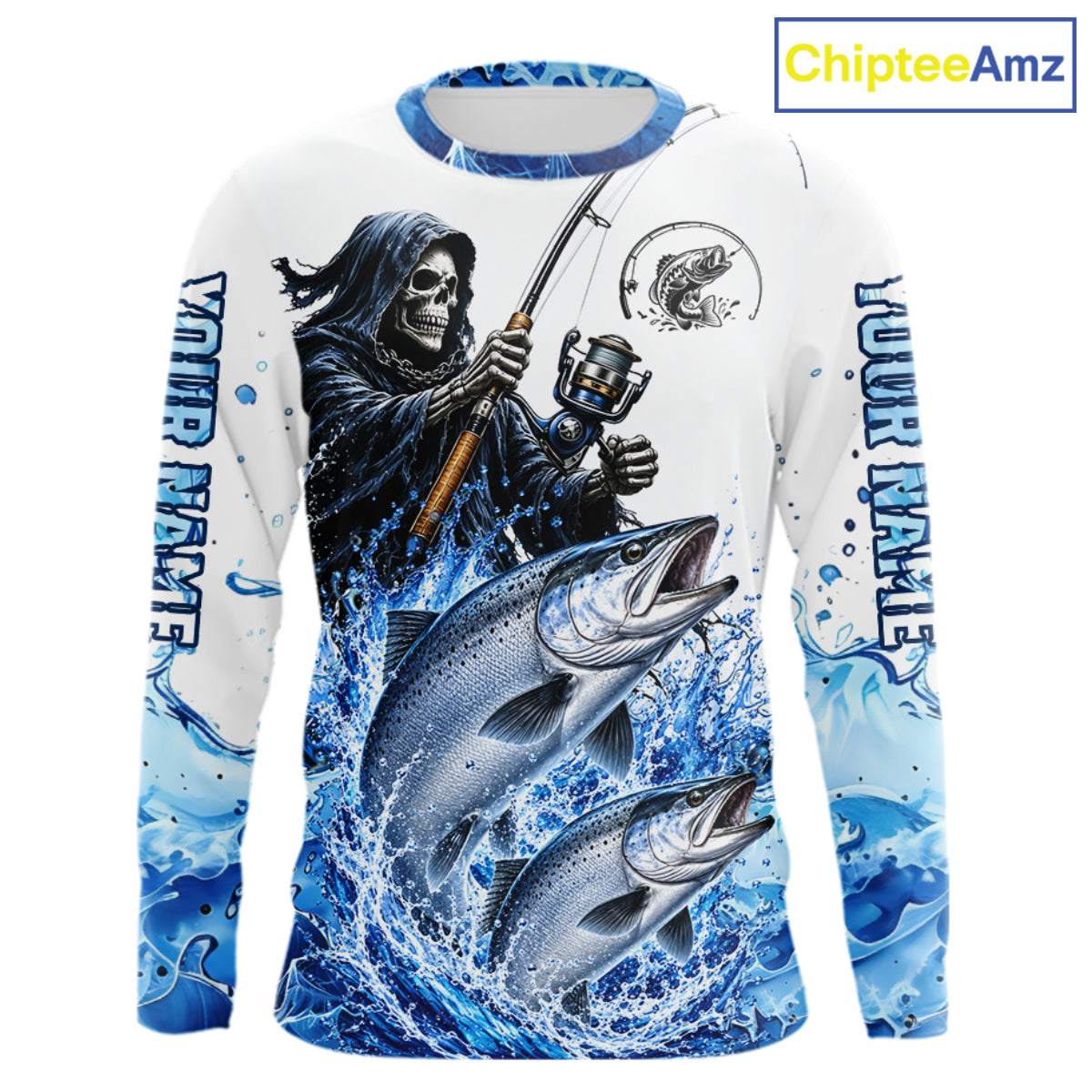 Custom Salmon Fishing Jersey Long Sleeve Grim Reaper Chinook Salmon Duo Fishing Shirt Apparel