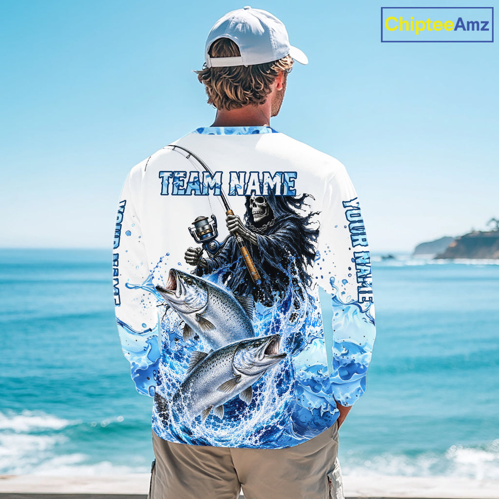 Custom Salmon Fishing Jersey Long Sleeve Grim Reaper Chinook Salmon Duo Fishing Shirt Apparel