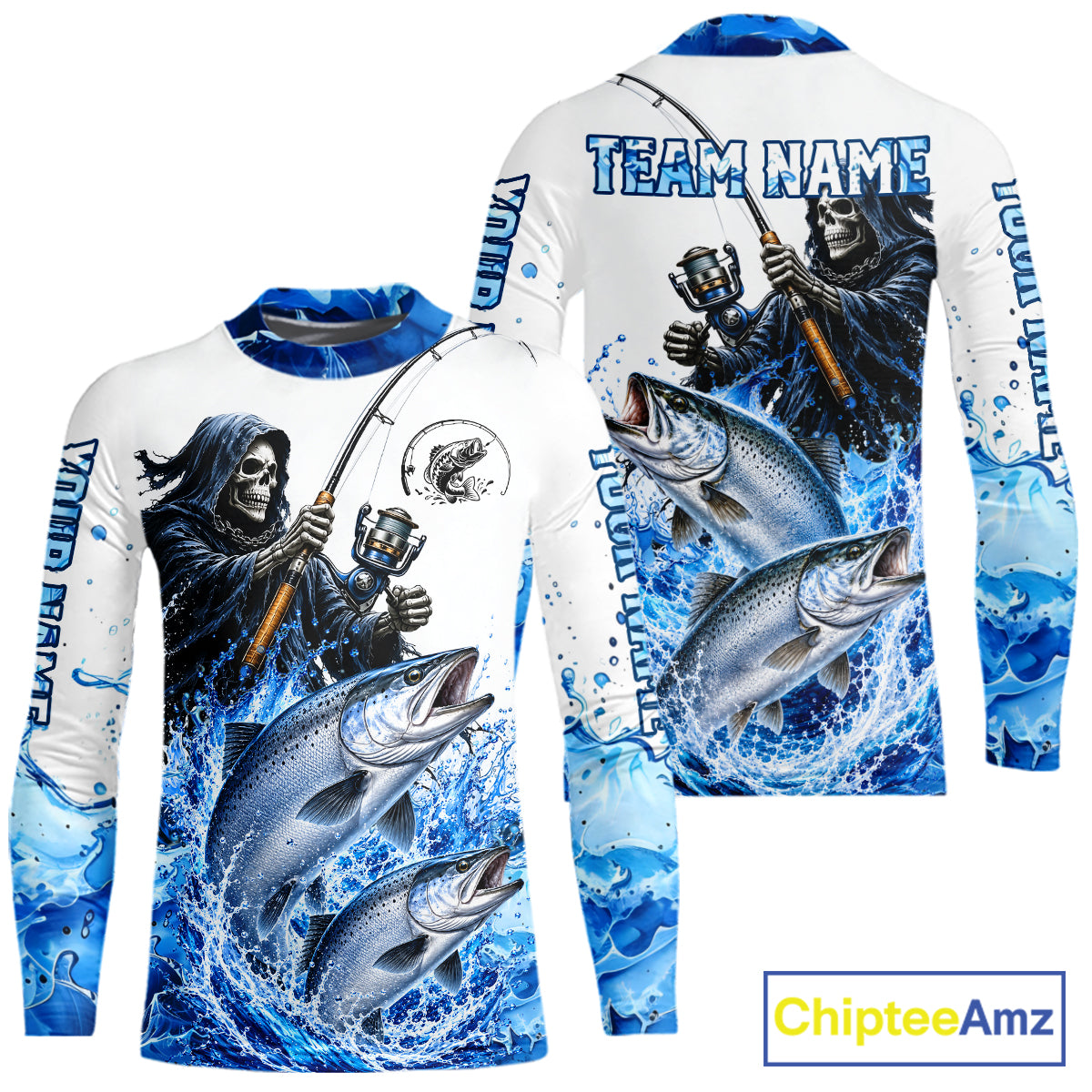 Custom Salmon Fishing Jersey Long Sleeve Grim Reaper Chinook Salmon Duo Fishing Shirt Apparel