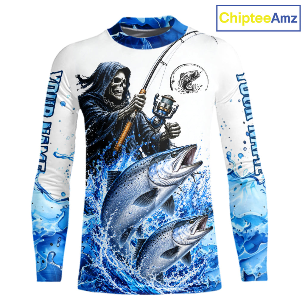 Custom Salmon Fishing Jersey Long Sleeve Grim Reaper Chinook Salmon Duo Fishing Shirt Apparel