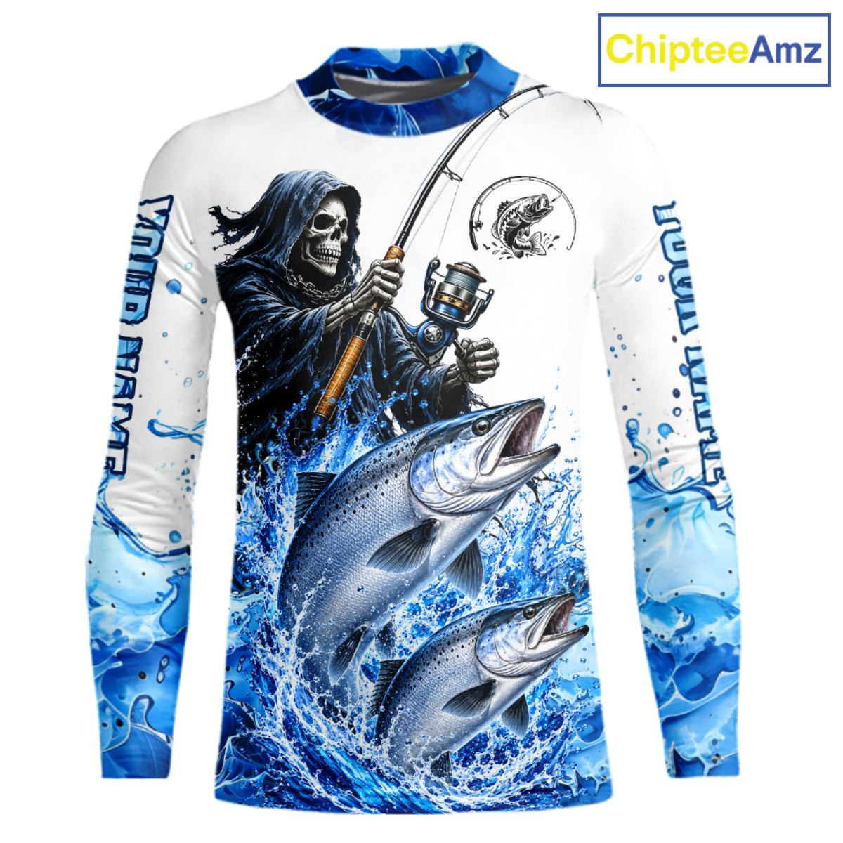Custom Salmon Fishing Jersey Long Sleeve Grim Reaper Chinook Salmon Duo Fishing Shirt Apparel