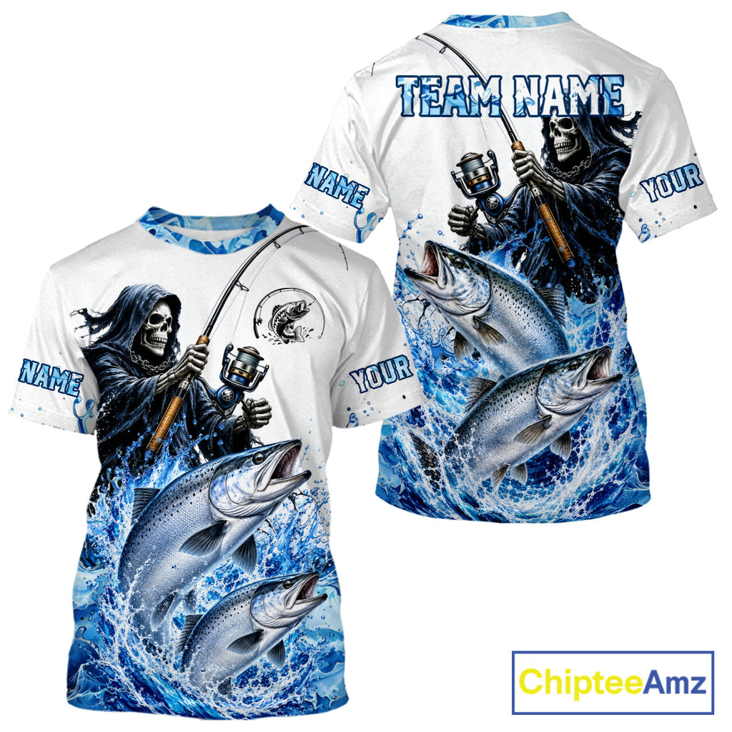Custom Salmon Fishing Jersey Long Sleeve Grim Reaper Chinook Salmon Duo Fishing Shirt Apparel