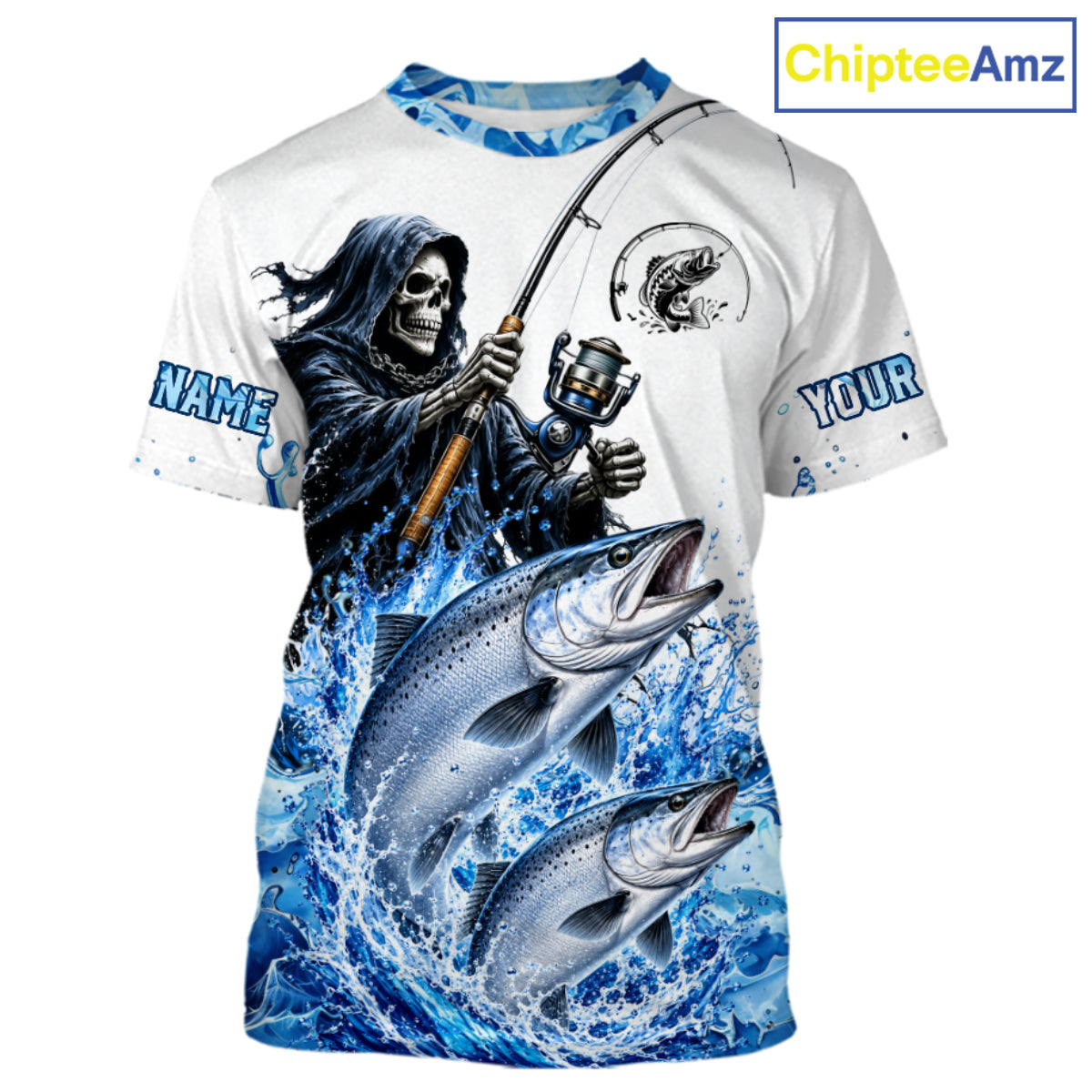 Custom Salmon Fishing Jersey Long Sleeve Grim Reaper Chinook Salmon Duo Fishing Shirt Apparel