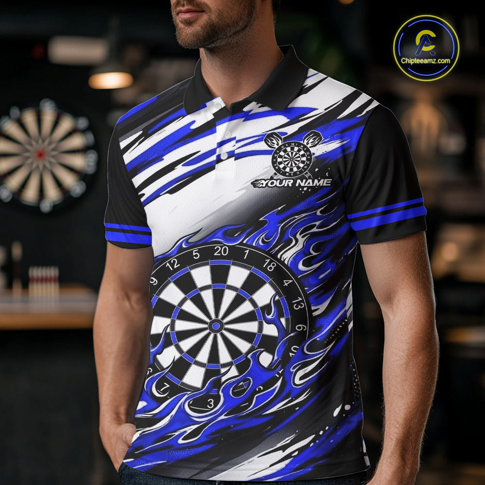 Black And Blue Dartboard Fire Flame Darts Team Shirt Custom Darts Polo 1/4-Zip Jersey