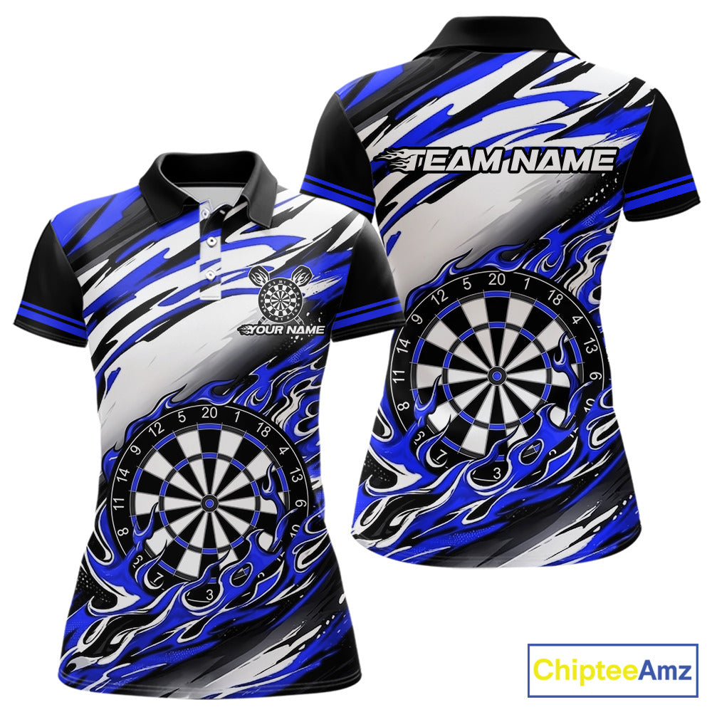 Custom Black & Blue Fire Flame Dartboard Darts Polo Quarter-Zip Shirt