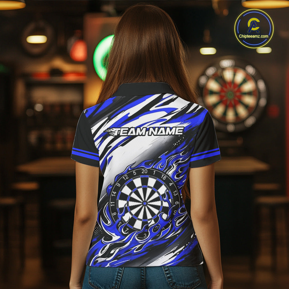 Custom Black & Blue Fire Flame Dartboard Darts Polo Quarter-Zip Shirt