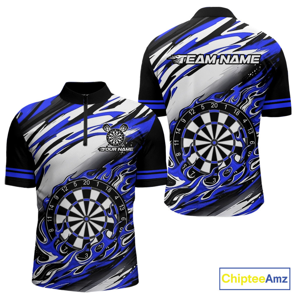 Black And Blue Dartboard Fire Flame Darts Team Shirt Custom Darts Polo 1/4-Zip Jersey