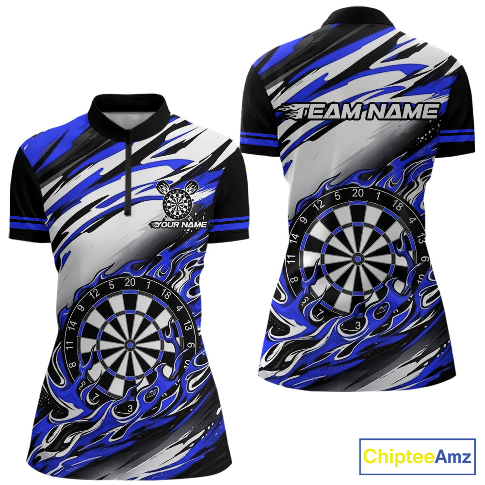 Custom Black & Blue Fire Flame Dartboard Darts Polo Quarter-Zip Shirt