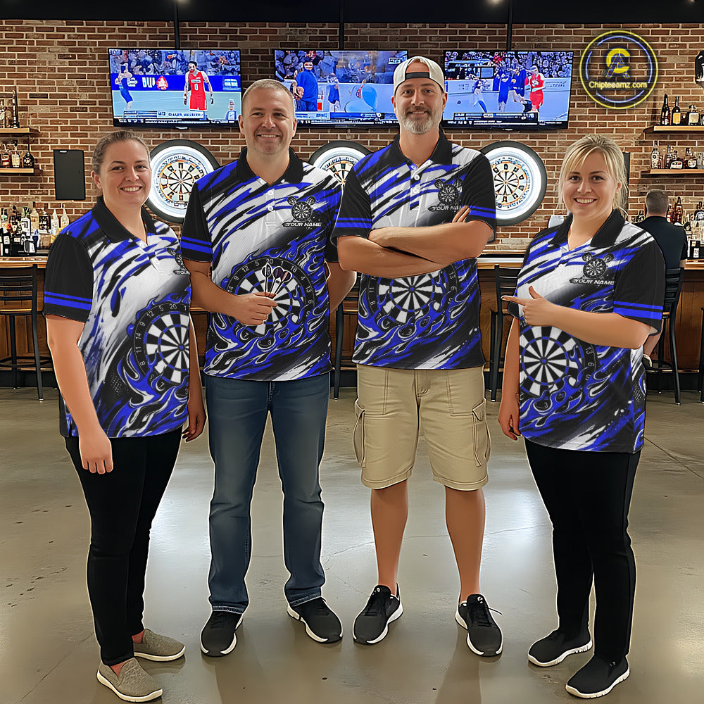 Custom Black & Blue Fire Flame Dartboard Darts Polo Quarter-Zip Shirt