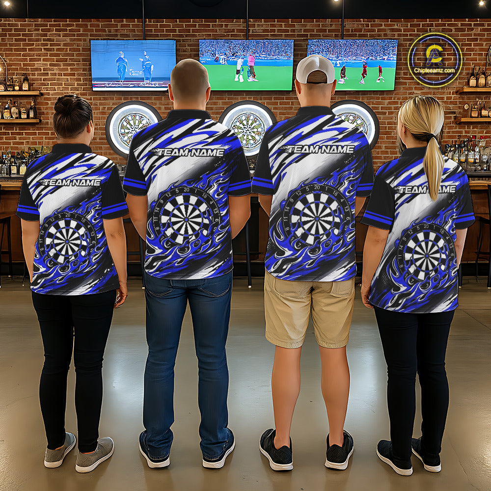 Black And Blue Dartboard Fire Flame Darts Team Shirt Custom Darts Polo 1/4-Zip Jersey