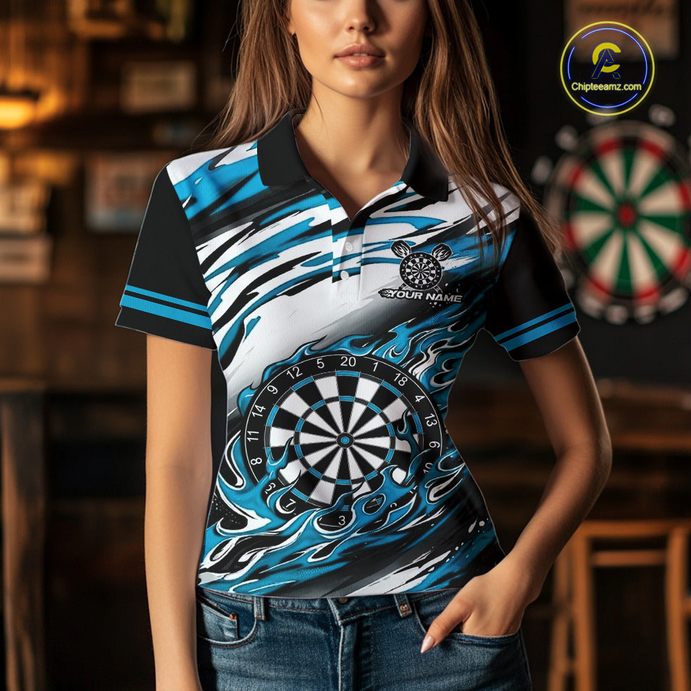 Black And Teal Dartboard Fire Flame Darts Team Shirt Custom Darts Polo 1/4-Zip Jersey