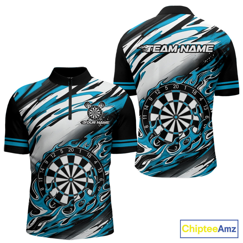 Black And Teal Dartboard Fire Flame Darts Team Shirt Custom Darts Polo 1/4-Zip Jersey