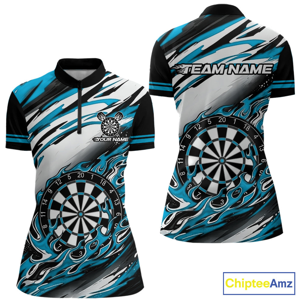 Black And Teal Dartboard Fire Flame Darts Team Shirt Custom Darts Polo 1/4-Zip Jersey