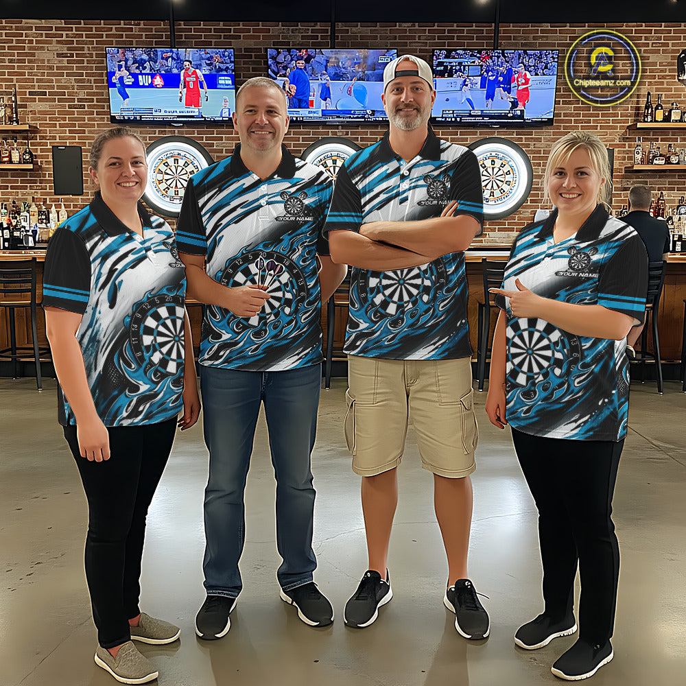 Black And Teal Dartboard Fire Flame Darts Team Shirt Custom Darts Polo 1/4-Zip Jersey