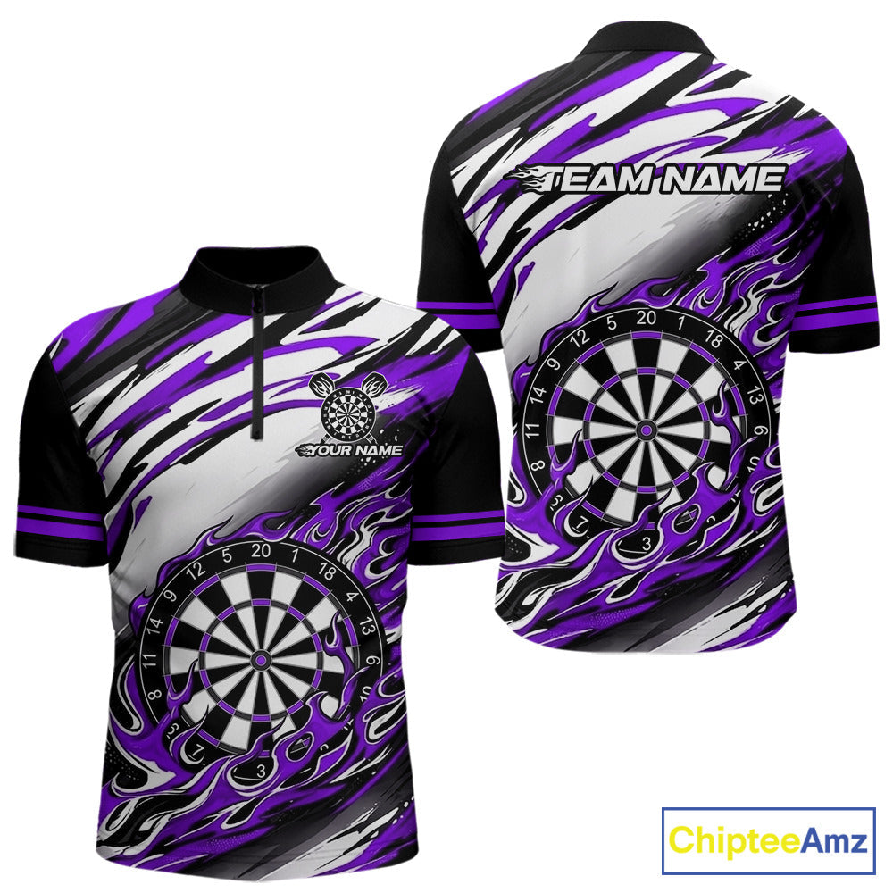 Black And Purple Dartboard Fire Flame Darts Team Shirt Custom Darts Polo 1/4-Zip Jersey