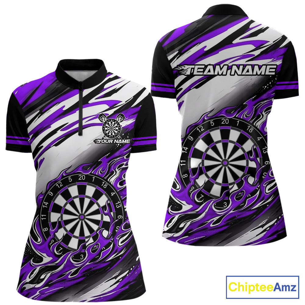 Black And Purple Dartboard Fire Flame Darts Team Shirt Custom Darts Polo 1/4-Zip Jersey
