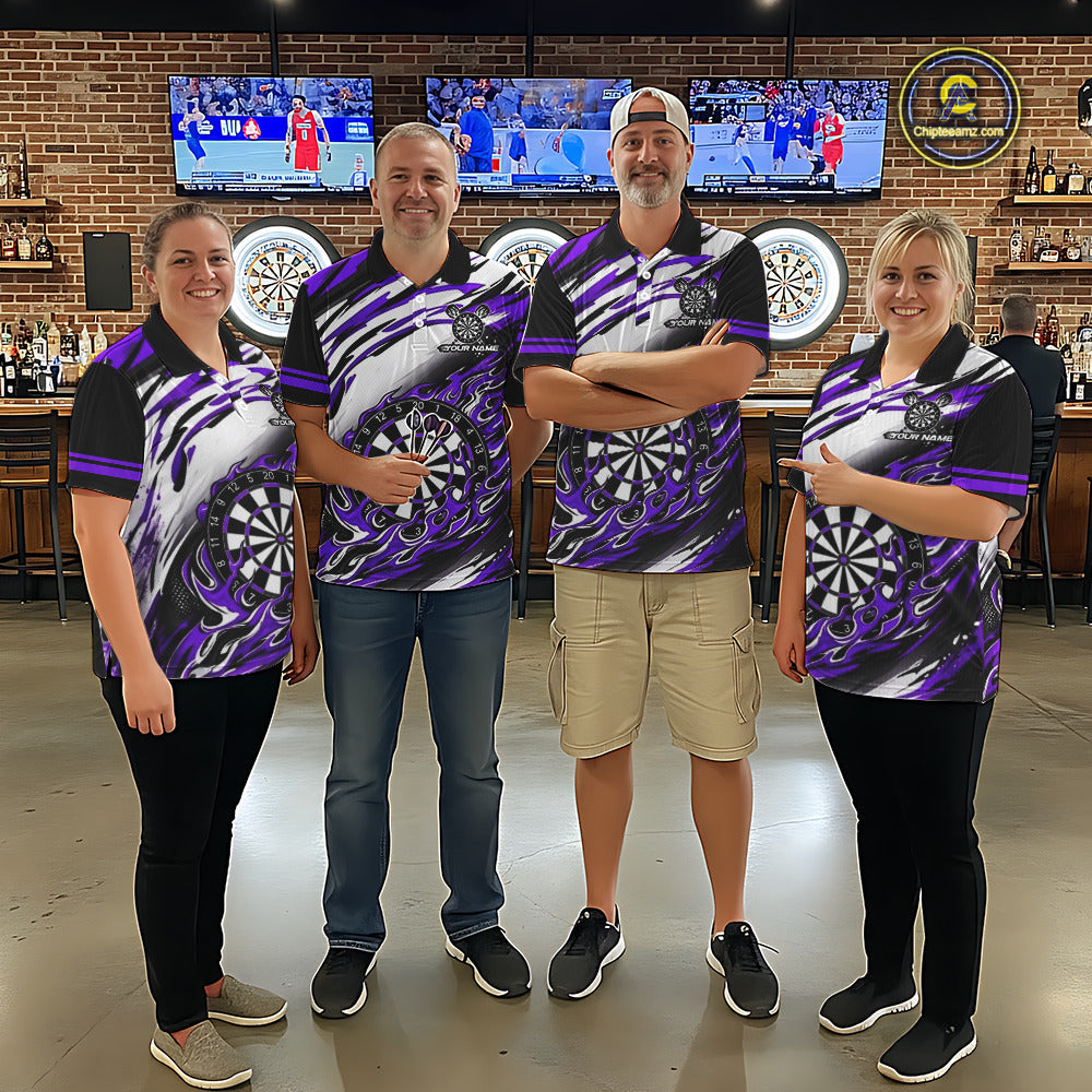 Black And Purple Dartboard Fire Flame Darts Team Shirt Custom Darts Polo 1/4-Zip Jersey