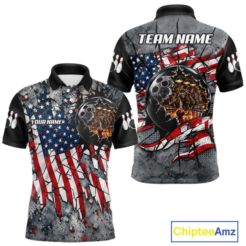 's Custom Patriotic Bowling Polo 1/4-Zip Shirt Cracked US Flag And Bowling Ball Tournament Shirts