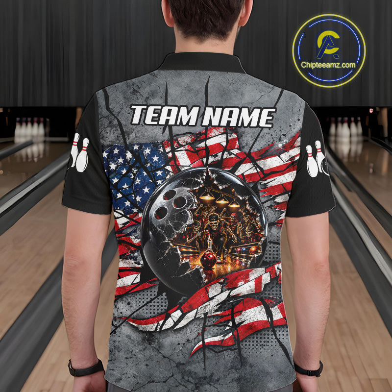 's Custom Patriotic Bowling Polo 1/4-Zip Shirt Cracked US Flag And Bowling Ball Tournament Shirts