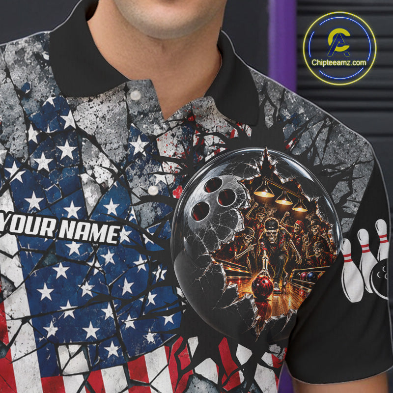 's Custom Patriotic Bowling Polo 1/4-Zip Shirt Cracked US Flag And Bowling Ball Tournament Shirts