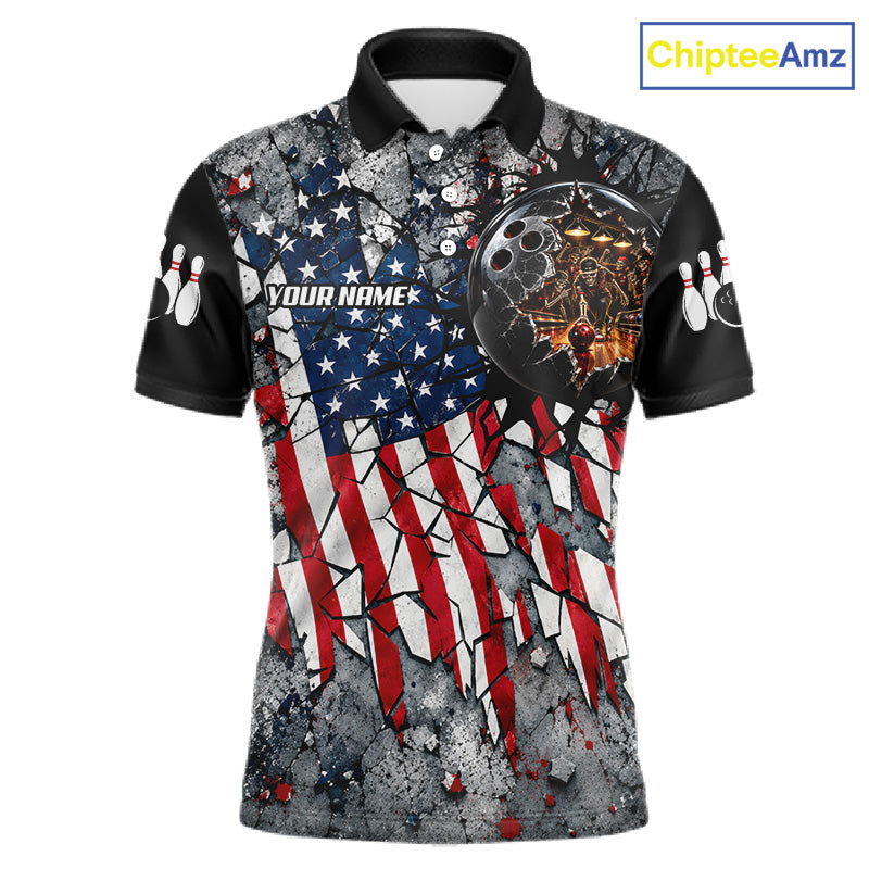 's Custom Patriotic Bowling Polo 1/4-Zip Shirt Cracked US Flag And Bowling Ball Tournament Shirts